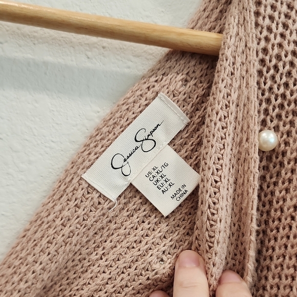 Jessica Simpson Tan V-Neck Sweater with Pearl Accents - Picture 2 of 7